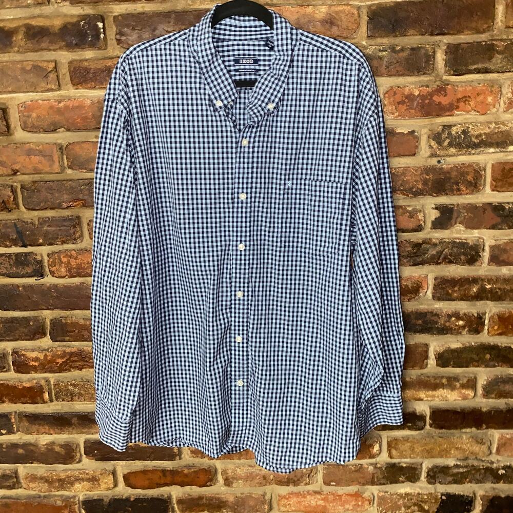 Izod Blue Gingham Plaid Long Sleeve Button Down Dress Shirt Men's Size 2XL